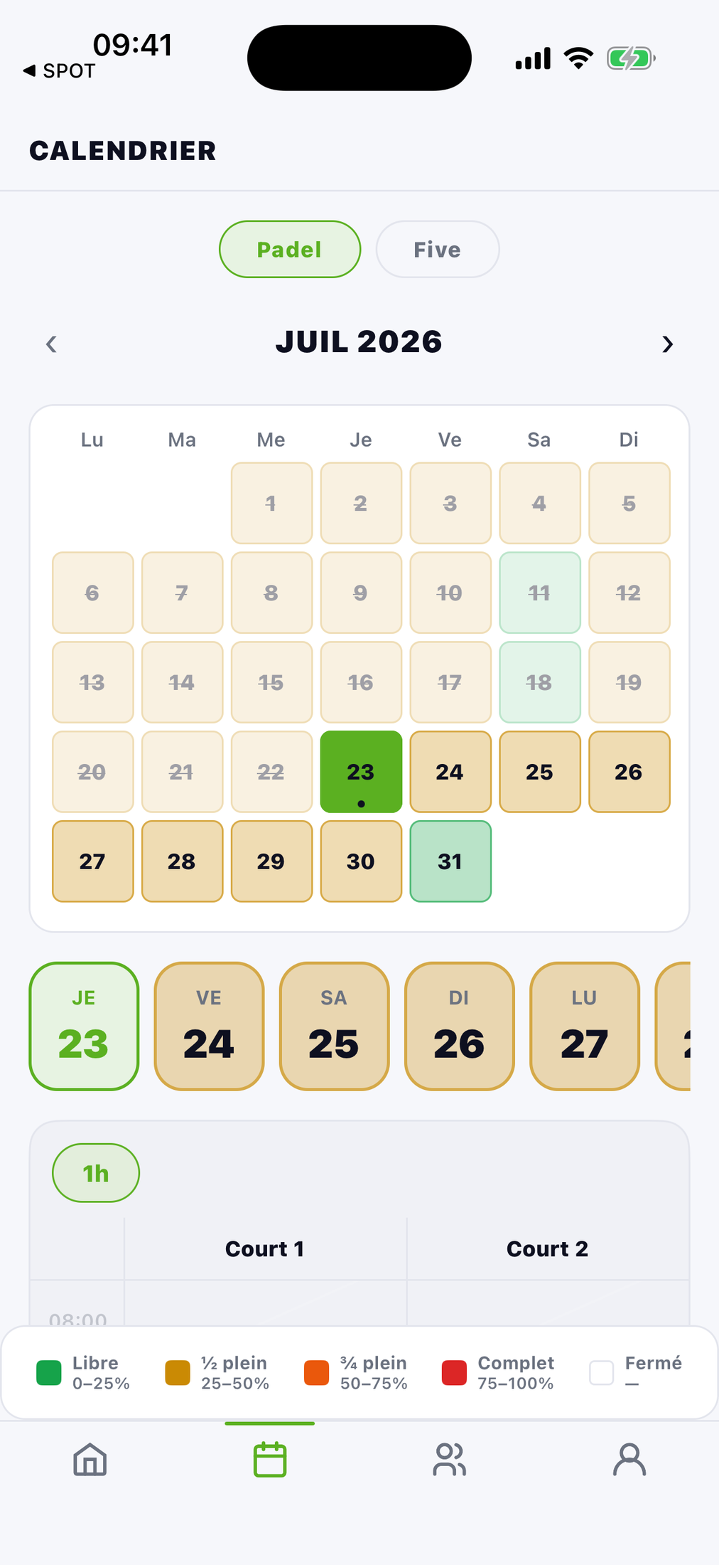 App SPOT Pro Employé — calendrier coloré par remplissage