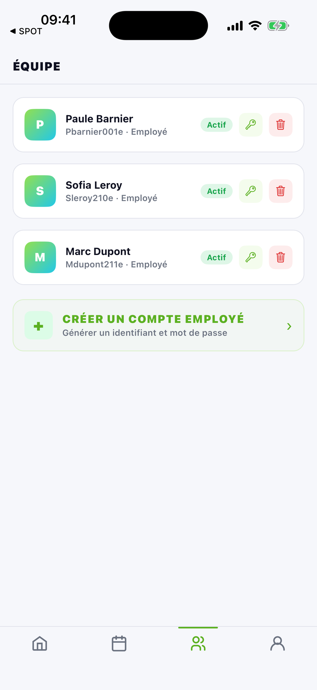 App SPOT Pro Employé — vue équipe du manager