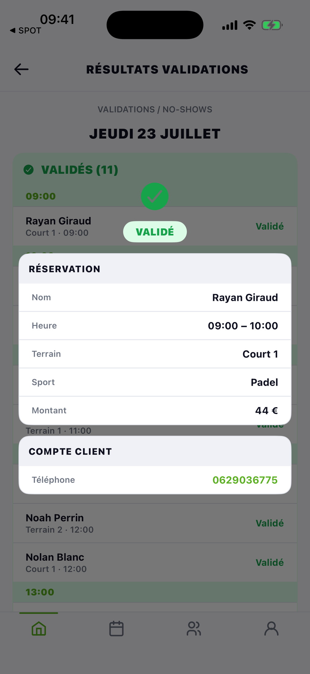 App SPOT Pro Employé — fiche réservation client