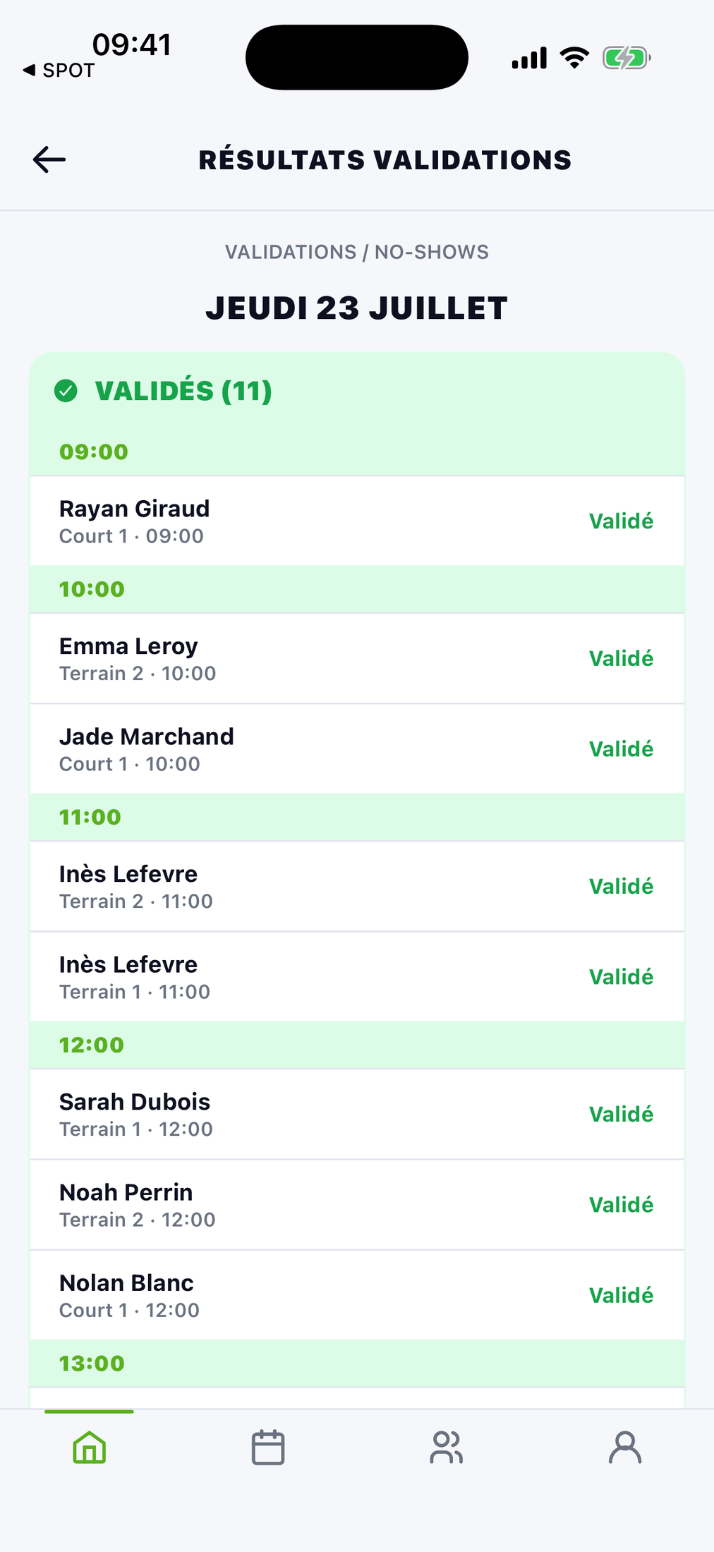 App SPOT Pro Employé — arrivées validées et no-shows